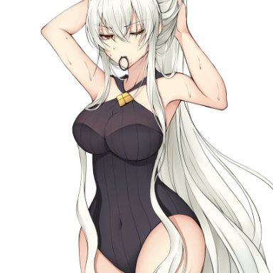 cloud (cloud-v-), arknights, shining (arknights), shining (silent night) (arknights), 1girl, adjusting hair, breasts, casual one-piece swimsuit, covered navel, cowboy shot, demon horns, eyebrows visible through hair, hair between eyes, hair tie in mouth, half-closed eye