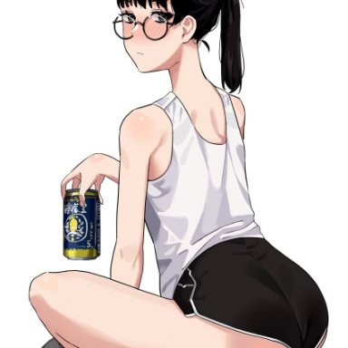 fffukuzawa, original, 1girl, alcohol, ass, bangs, bare shoulders, beer, beer can, black eyes, black hair, black shorts, blush, can, from behind