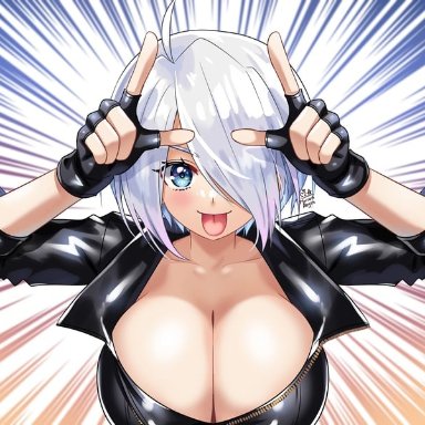 maroonabyss, the king of fighters, the king of fighters xv, angel (kof), 1girl, ahoge, arms up, artist logo, artist name, black gloves, black jacket, blue eyes, blue hair, blush, breasts