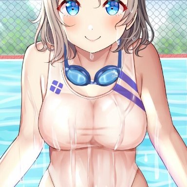 mizukoshi (marumi), love live!, love live! sunshine!!, watanabe you, 1girl, alternate color, blue eyes, blue sky, chain-link fence, cloud, competition swimsuit, cowboy shot, day, fence, goggles