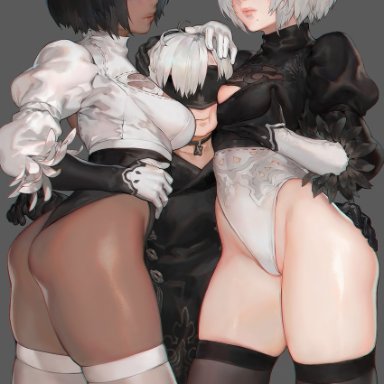 aoin, nier (series), nier automata, soulcalibur, soulcalibur vi, yorha no. 2 type b, yorha no. 2 type p, yorha no. 9 type s, 1boy, 2girls, alternate color, alternate skin color, ass, back cutout, between breasts