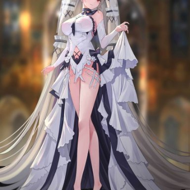 chunhwei lee, azur lane, formidable (azur lane), formidable (timeless classics) (azur lane), 1girl, absurdly long hair, bangs, bare legs, bare shoulders, black footwear, blurry, blurry background, blush, breasts, closed mouth