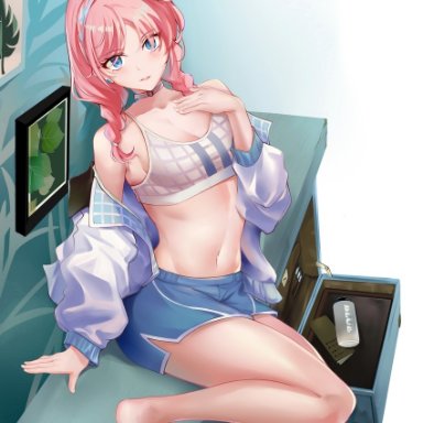 vvr, arknights, blue poison (arknights), blue poison (shoal beat) (arknights), 1girl, bangs, bare legs, bare shoulders, barefoot, blue eyes, blue shorts, blush, breasts, camisole, choker