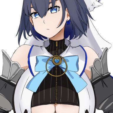 nao (ritsancrossover), hololive, hololive english, ouro kronii, 1girl, bare shoulders, black gloves, blue eyes, blue hair, blue ribbon, breasts, chain, closed mouth, detached sleeves, earrings