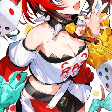 mika pikazo, hololive, hololive english, hakos baelz, 1girl, :3, animal ears, asymmetrical sleeves, bare shoulders, blue eyes, blurry, bow, breasts, cheese, cleavage