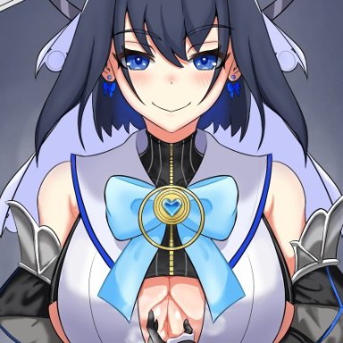 deuce98, hololive, hololive english, ouro kronii, 1girl, bangs, black gloves, black hair, blue eyes, blue hair, blush, bodysuit, bow, bowtie, breasts