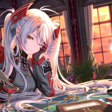 pinakes, azur lane, prinz eugen (azur lane), 1girl, ahoge, alcohol, bangs, book, breasts, buttons, closed mouth, compass, copyright, cup, curtains