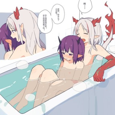 coldcat., arknights, lava (arknights), nian (arknights), 2girls, arm tattoo, bathing, bathtub, blush, chinese text, closed eyes, colored skin, completely nude, demon horns, dragon girl