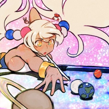 hollewdz, hololive, hololive english, tsukumo sana, 1girl, backless outfit, billiards, blonde hair, blush, breast press, breasts, cue stick, dark-skinned female, dark skin, earth (planet)