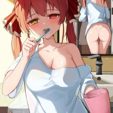 boo iro, hololive, houshou marine, 1boy, 1girl, ?, ass, blush, bottomless, breasts, brushing teeth, cellphone, cleavage, collarbone, cup