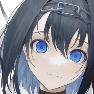 mile (mil2), hololive, hololive english, ouro kronii, 1girl, bangs, black hair, blue eyes, blue hair, chain, colored inner hair, eyebrows behind hair, head tilt, light smile, looking at viewer