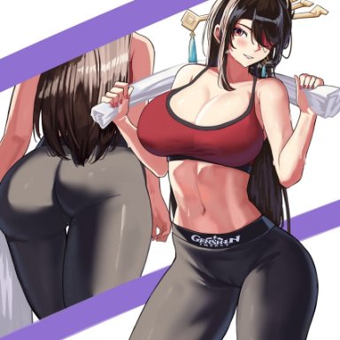 loooyd, genshin impact, beidou (genshin impact), 1girl, ass, bare shoulders, black pants, breasts, cleavage, clothes writing, contemporary, copyright name, earrings, eyepatch, from behind