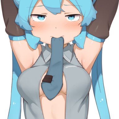 abmayo, vocaloid, hatsune miku, 1girl, armpits, arms behind head, arms up, bound, bound wrists, breasts, detached sleeves, grey shirt, hair ornament, long hair, looking at viewer