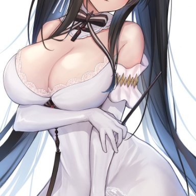 oserotto, azur lane, peter strasser (azur lane), 1girl, bangs, black hair, black neckwear, bow, bowtie, breast hold, breasts, cleavage, detached collar, dress, elbow gloves