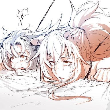 lownd, arknights, indra (arknights), siege (arknights), 2girls, animal ears, bangs, bed sheet, black collar, black hair, blonde hair, collar, crying, crying with eyes open, drooling