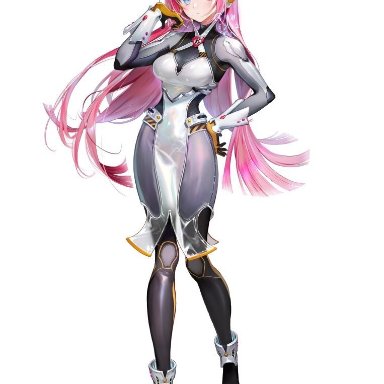 mi (mm), kirby: planet robobot, kirby (series), susie (kirby), 1girl, android, black footwear, blue eyes, bodysuit, boots, breasts, dress, gloves, hair ornament, hairclip