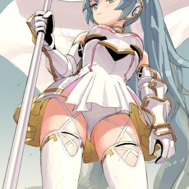 fkey, goodsmile racing, vocaloid, hatsune miku, racing miku, racing miku (2015), 1girl, armor, armored dress, blue hair, boobplate, breastplate, closed mouth, dress, flag