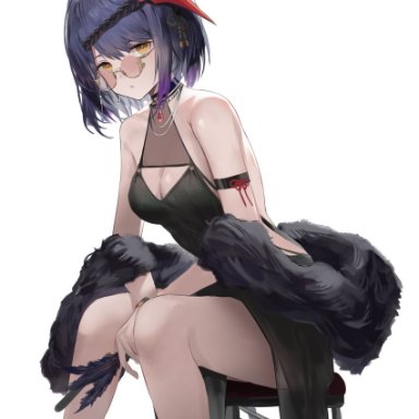 jenmin12, genshin impact, kujou sara, 1girl, arm strap, bare legs, bare shoulders, bespectacled, black dress, bracelet, breasts, cleavage, cleavage cutout, closed mouth, clothing cutout