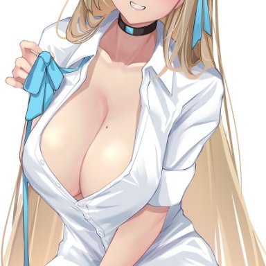 oserotto, blue archive, asuna (blue archive), 1girl, :d, bare legs, black choker, blonde hair, blue bow, blue eyes, blush, bow, breasts, choker, cleavage