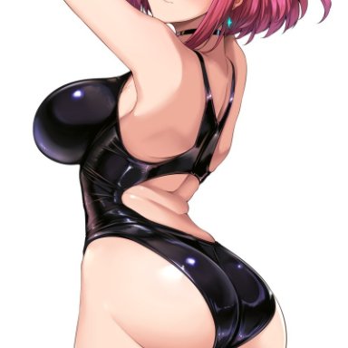 halcon, xenoblade chronicles (series), xenoblade chronicles 2, pyra (xenoblade), 1girl, alternate costume, armpits, arms up, ass, back cutout, bangs, bare shoulders, black swimsuit, blush, breasts