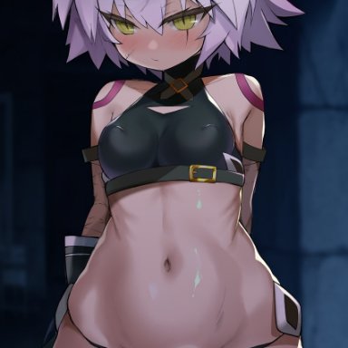 shimejinameko, fate/apocrypha, fate (series), jack the ripper (fate/apocrypha), 1girl, arms behind back, ass visible through thighs, bare shoulders, black panties, blush, breasts, buckle, closed mouth, covered nipples, eyebrows visible through hair