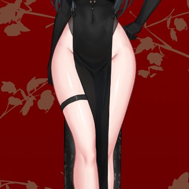 hayabusa, original, classy-black-haired girl (hayabusa), 1girl, bare shoulders, black gloves, black hair, breasts, china dress, chinese clothes, cleavage, covered navel, dress, elbow gloves, full body