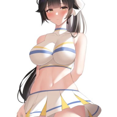 futon fly away, azur lane, takao (azur lane), 1girl, arm behind back, bare shoulders, blush, breasts, cheerleader, clothes lift, crop top, hair ribbon, large breasts, looking at viewer, navel