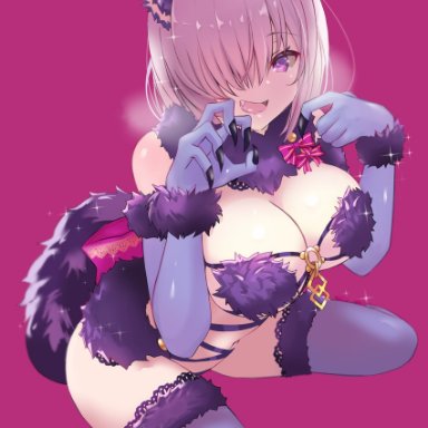 naopy, fate/grand order, fate (series), mash kyrielight, mash kyrielight (dangerous beast), 1girl, animal ear fluff, animal ears, artist name, bangs, black nails, breasts, claw pose, cleavage, cosplay