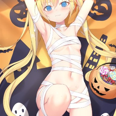 alexmaster, original, 1girl, @ @, armpits, arms up, ass visible through thighs, bandages, blonde hair, blue eyes, breasts, candy, closed mouth, convenient leg, food
