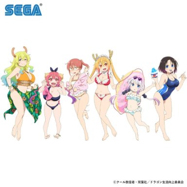kobayashi-san chi no maidragon, sega, elma (maidragon), ilulu (maidragon), kanna kamui, kobayashi (maidragon), lucoa (maidragon), tohru (maidragon), 6+girls, alternate costume, beads, bikini, blonde hair, blue eyes, bow