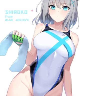 halcon, blue archive, shiroko (blue archive), 1girl, animal ear fluff, animal ears, ass visible through thighs, bangs, blue eyes, cat ears, competition swimsuit, contrapposto, cowboy shot, fingerless gloves, gloves