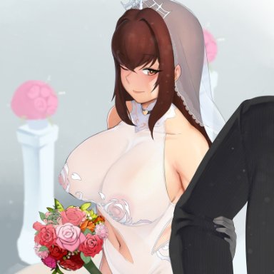 moebell, last origin, royal arsenal, 1boy, 1girl, asymmetrical clothes, bare shoulders, bouquet, breasts, bridal veil, bride, brown eyes, brown hair, closed mouth, clothing cutout