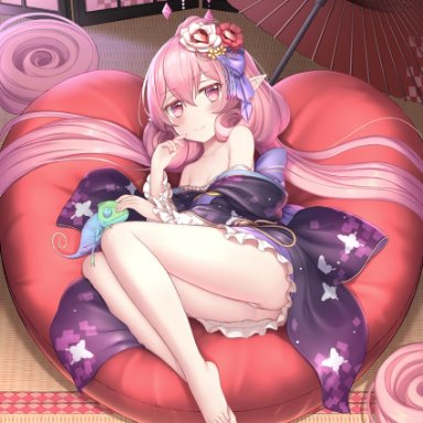 cementite, princess connect!, neneka (princess connect!), 1girl, bangs, bare shoulders, barefoot, blush, breasts, closed mouth, curly hair, feet, finger to mouth, flower, full body