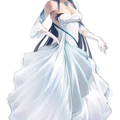weixiaoren, genshin impact, kamisato ayaka, 1girl, alternate costume, backless dress, backless outfit, bare shoulders, blue eyes, breasts, bridal veil, cleavage, closed mouth, dress, elbow gloves
