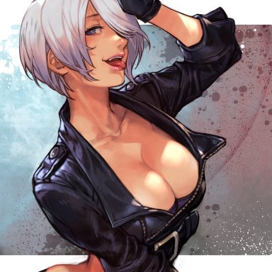 hungry clicker, snk, the king of fighters, the king of fighters xv, angel (kof), 1girl, blue eyes, breasts, chaps, cleavage, close-up, collarbone, cropped jacket, face, finger horns