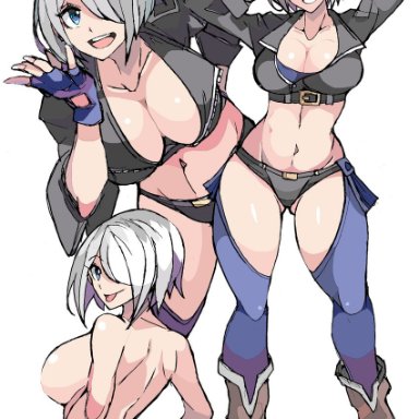 enpe, the king of fighters, angel (kof), ass, boots, breasts, cleavage, cowboy boots, gloves, hair over one eye, jacket, large breasts, multiple views, open mouth, panties