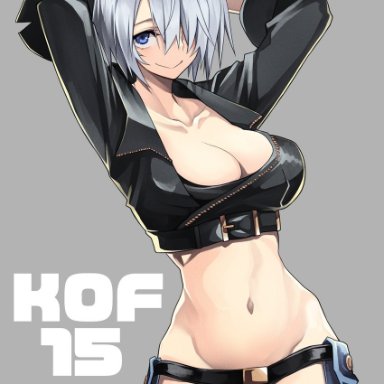 10mo, snk, the king of fighters, the king of fighters 2001, the king of fighters xiv, the king of fighters xv, angel (kof), 1girl, arms behind head, arms up, bangs, blue eyes, bra, breasts, chaps