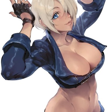 kin mokusei, snk, the king of fighters, the king of fighters 2001, the king of fighters xiv, the king of fighters xv, angel (kof), 1girl, abs, arms up, blue eyes, boots, bra, breasts, chaps