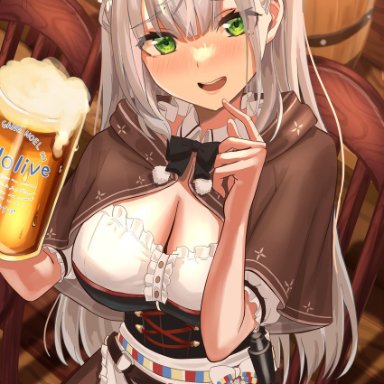 uuroncha, hololive, shirogane noel, 1girl, bangs, blush, breasts, cleavage, green eyes, large breasts, long hair, looking at viewer, open mouth, silver hair, smile