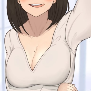 lazycoffee (wyen iscordo), ganbare douki-chan, kouhai-chan (douki-chan), 1girl, :q, arm up, blush, breast hold, breasts, brown hair, cleavage, head out of frame, large breasts, long hair, long sleeves