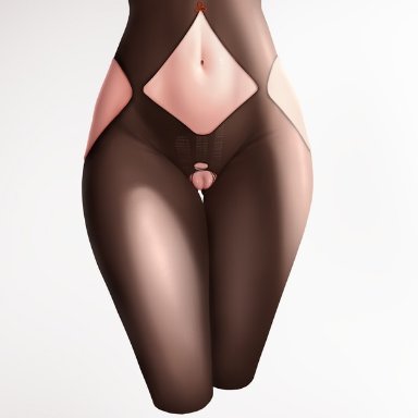 z282g, genshin impact, shenhe (genshin impact), 1girl, ass visible through thighs, bodystocking, cleft of venus, clothing cutout, cropped legs, hip vent, lower body, navel, navel cutout, pussy, simple background