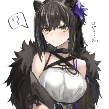 raw egg lent, arknights, robin (arknights), robin (gift of wild) (arknights), 1girl, ?, animal ears, black collar, black hair, breasts, character name, collar, eyebrows visible through hair, flower, freckles