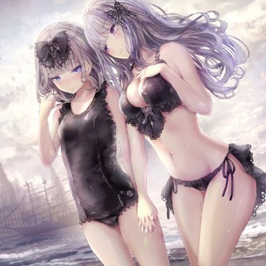 missile228, original, 2girls, bangs, bare arms, bare shoulders, bikini, black bikini, black bow, black swimsuit, bow, breasts, building, butterfly hair ornament, cleavage