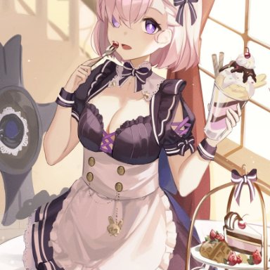 kyo (maae00), fate/grand order, fate (series), mash kyrielight, 1girl, alternate costume, bow, bowtie, breasts, cake, cleavage, content rating, curtains, dessert, eating