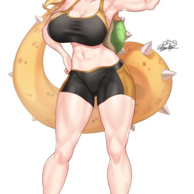 nez-box, mario (series), new super mario bros. u deluxe, bowsette, 1girl, abs, bike shorts, breasts, cleavage, full body, large breasts, muscular, muscular female, navel, sharp teeth
