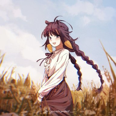 carrotsprout, hololive, hololive english, ninomae ina'nis, 1girl, alternate costume, animal ears, blue sky, blurry, blurry foreground, blush, braid, cloud, cloudy sky, collared shirt