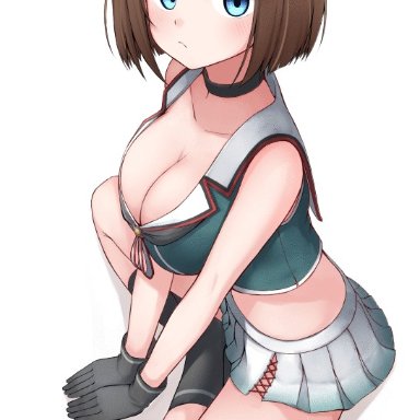 tiemu (man190), kantai collection, maya (kancolle), 1girl, arrow (symbol), beret, black gloves, blinking, blue eyes, breasts, brown hair, cleavage, clenched hand, full body, gloves