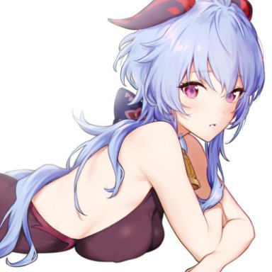 saboten, genshin impact, ganyu (genshin impact), 1girl, ahoge, backless outfit, bangs, bare shoulders, bell, blue hair, breast press, breasts, cleavage, cowbell, from side