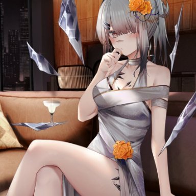 ru zhai, arknights, frostnova (arknights), 1girl, animal ears, bare legs, breasts, choker, cocktail glass, couch, crossed legs, crystal, cup, dress, drinking glass