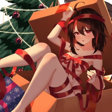 jl tan, original, 1girl, ahoge, arm up, bangs, blush, box, breasts, brown hair, christmas tree, feet out of frame, fire, fireplace, gift